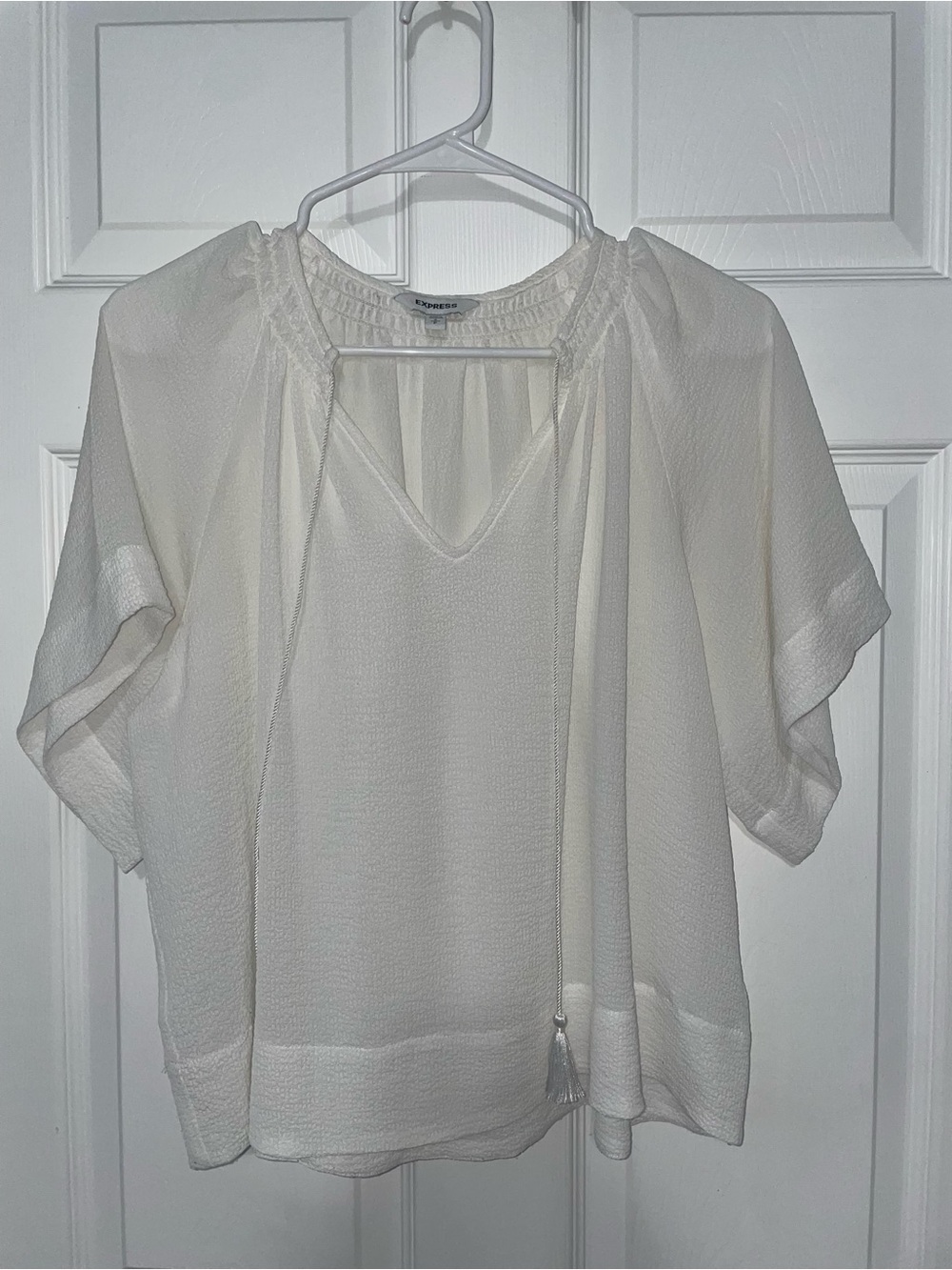 Express Off White Short-Sleeve Peasant Top with Tie (Small)